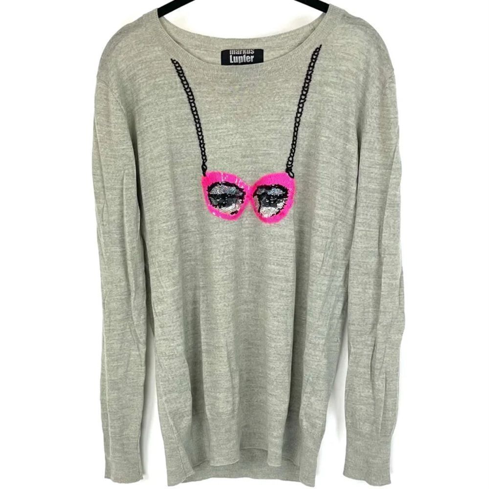 Markus Lupfer Gray Sweater with Pink Sunglasses Design